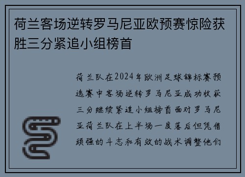 荷兰客场逆转罗马尼亚欧预赛惊险获胜三分紧追小组榜首