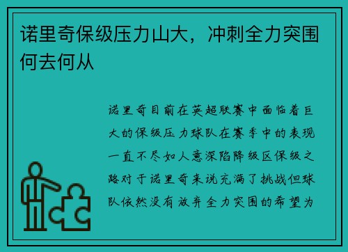 诺里奇保级压力山大，冲刺全力突围何去何从