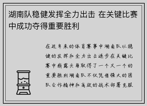 湖南队稳健发挥全力出击 在关键比赛中成功夺得重要胜利