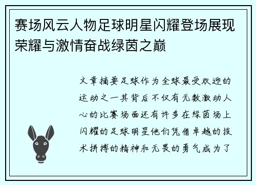 赛场风云人物足球明星闪耀登场展现荣耀与激情奋战绿茵之巅