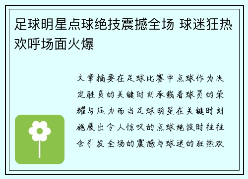足球明星点球绝技震撼全场 球迷狂热欢呼场面火爆